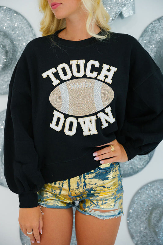 Black TOUCH DOWN Rugby Graphic Pullover Sweatshirt