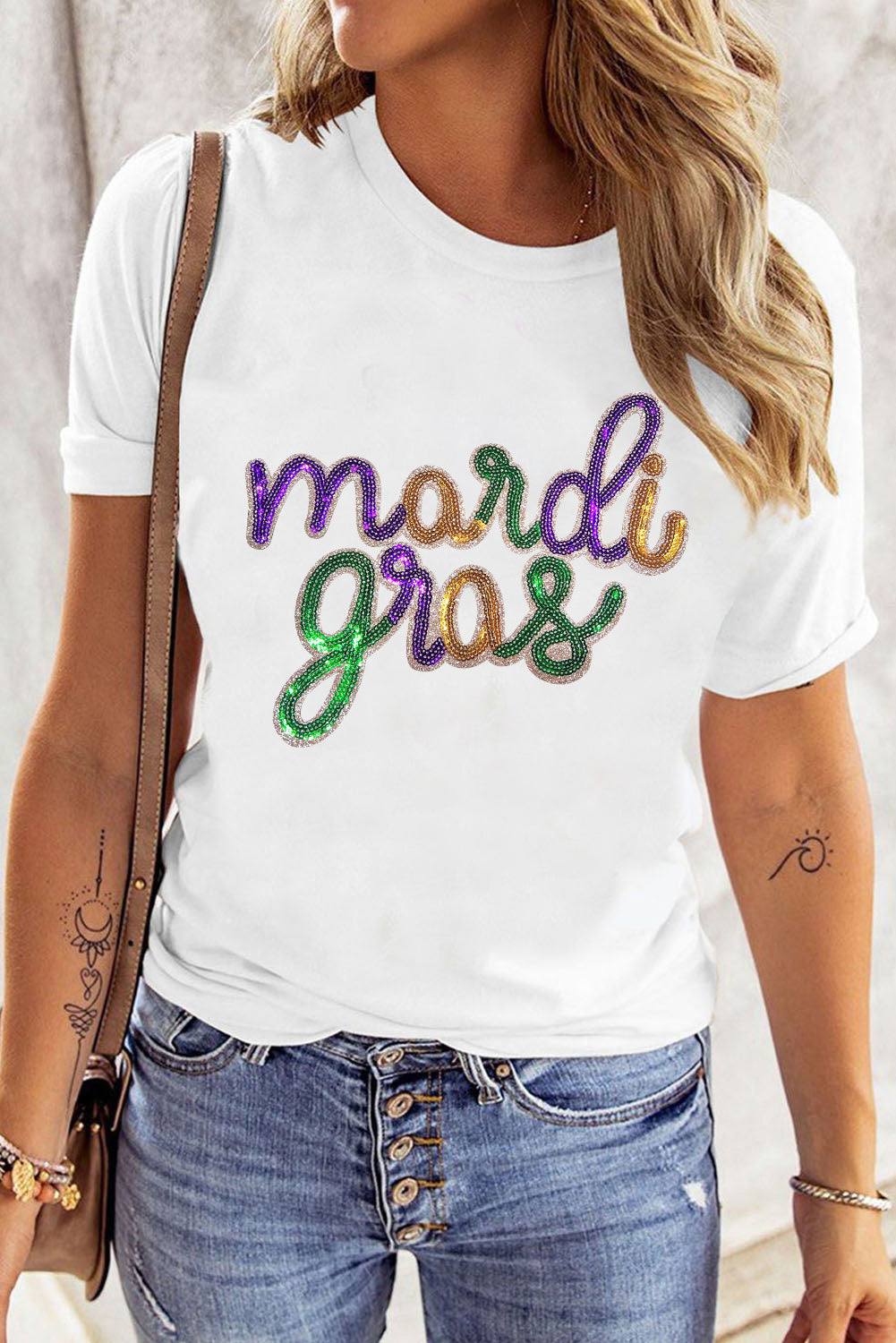 White Sequin mardi gras Letter Print Crewneck Tee