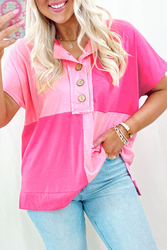 Pink Colorblock Half Buttons Henley T Shirt