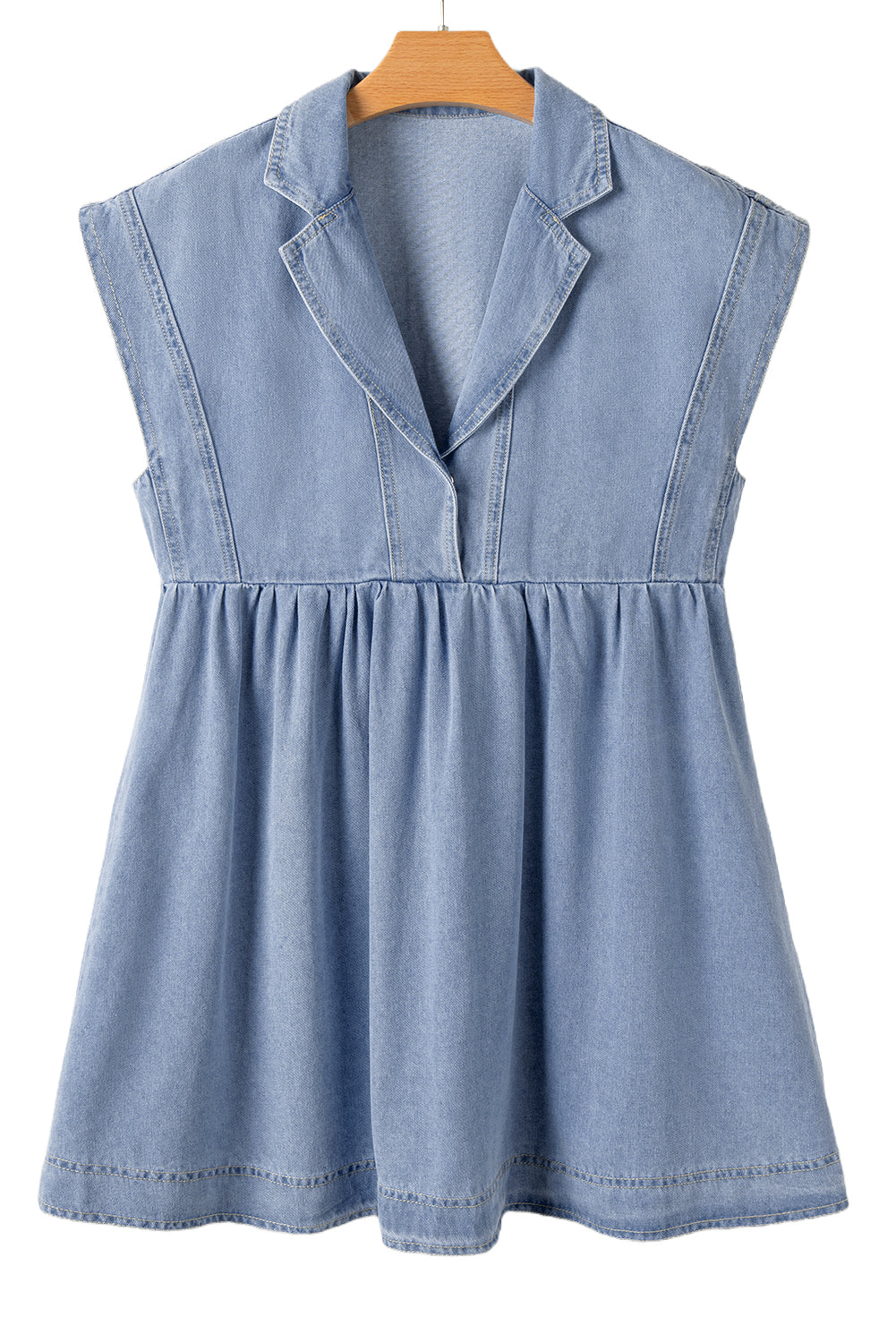 Beau Blue Lapel Neck Cap Sleeve High Waist Denim Babydoll Dress