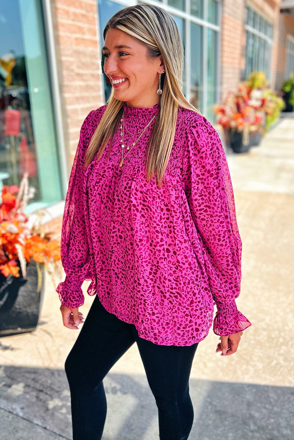 Rose Leopard Shirred Puff Sleeve Flowy Blouse