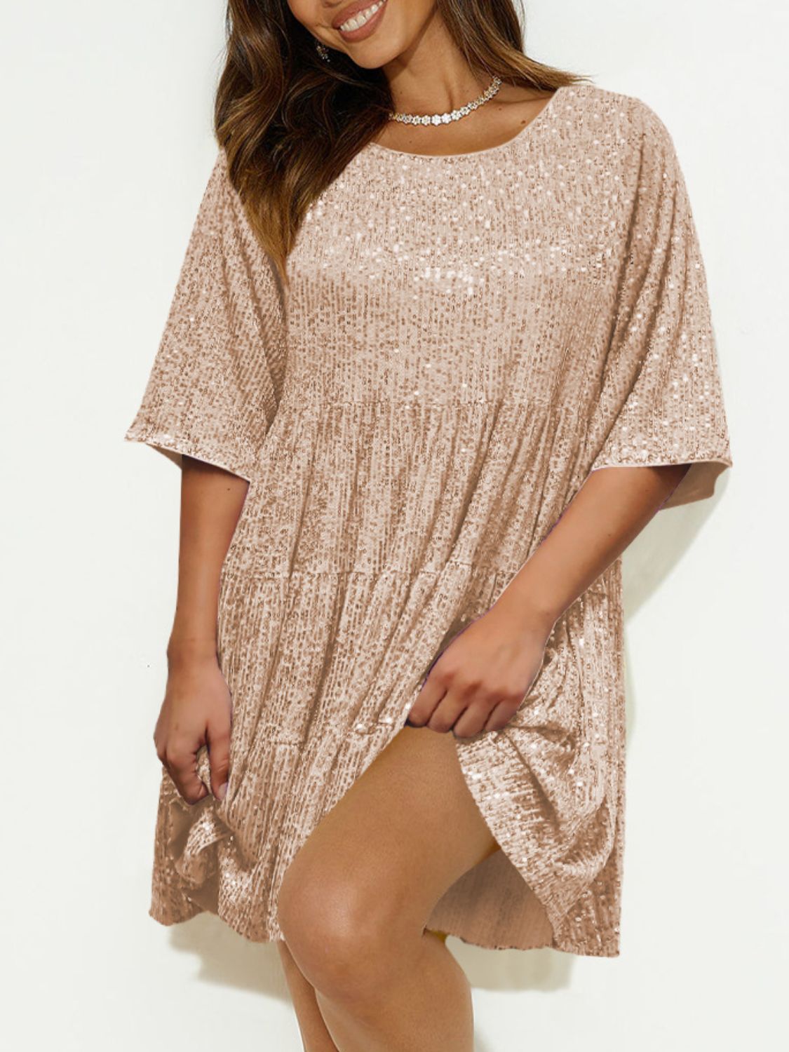 Sequin Round Neck Half Sleeve Mini Dress