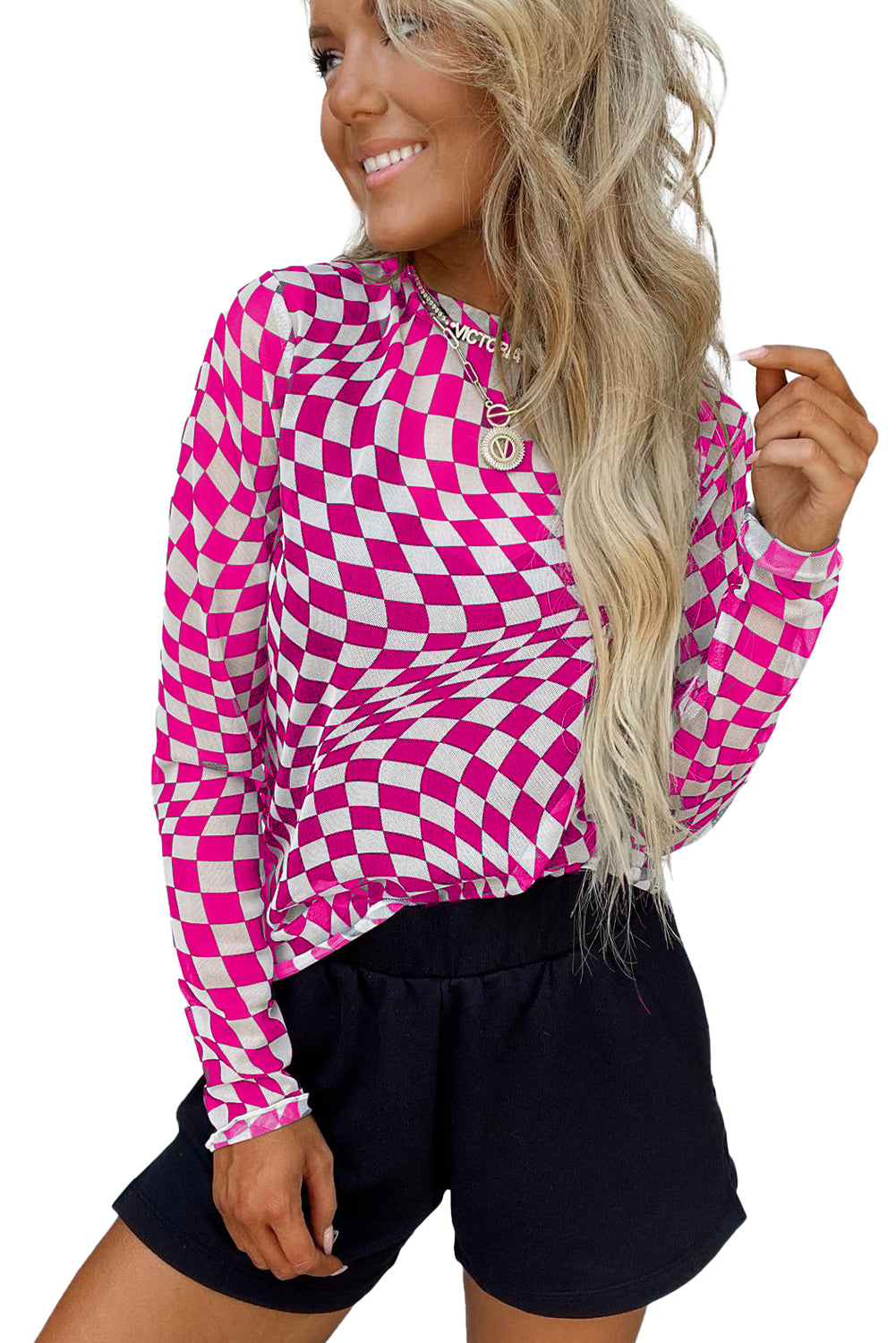 Rose Checkered Pattern Mesh Long Sleeve Top