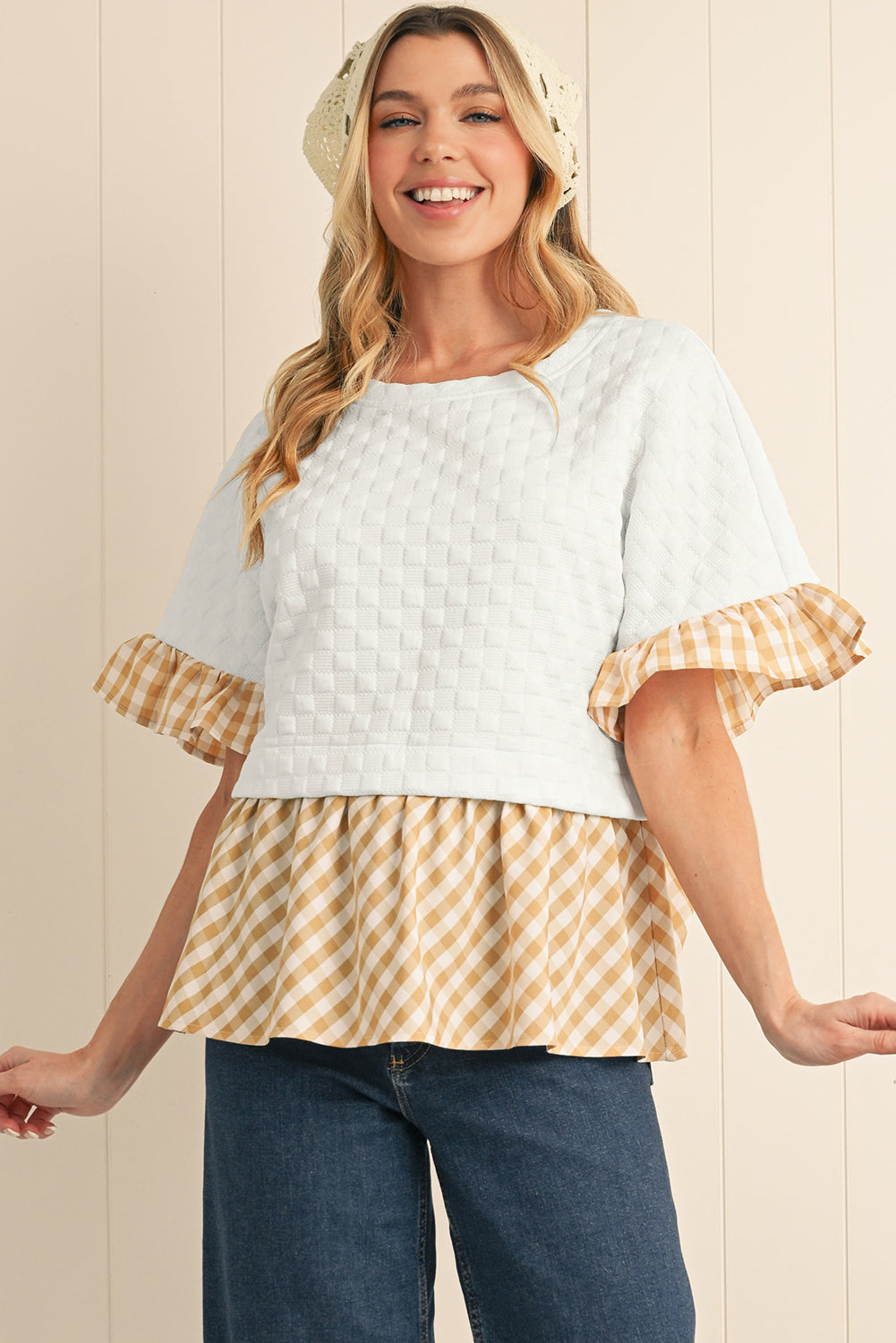 White Plaid Patchwork Half Sleeve Ruffle Round Neck Blouse